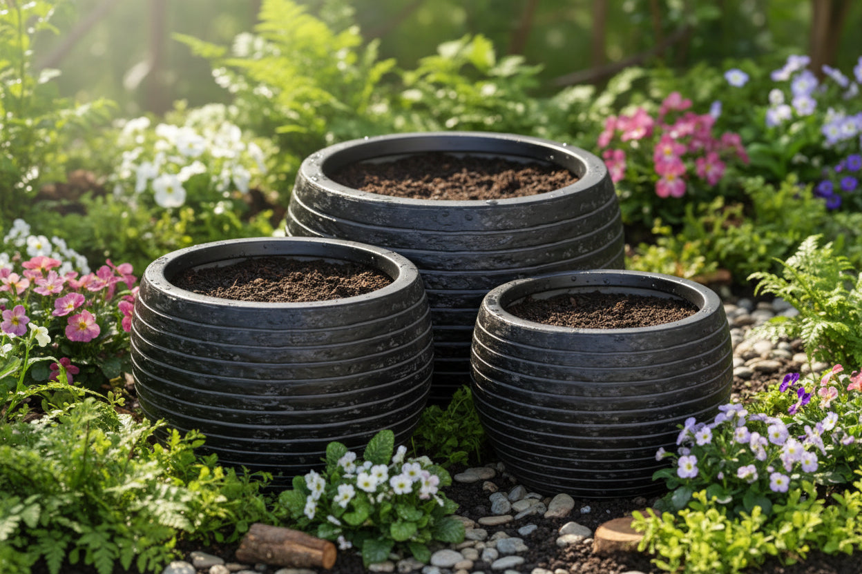 Spiral Lined Black Planter