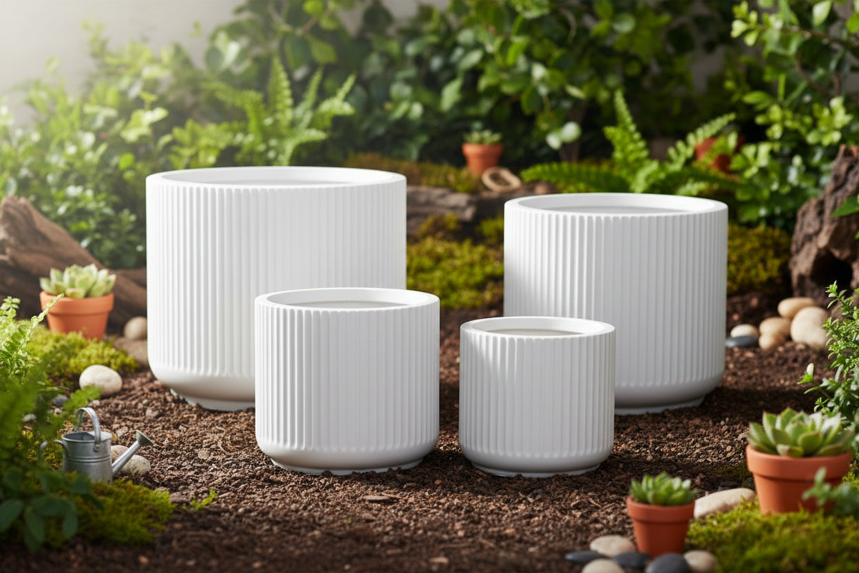 White Lined Short Height Round Planter